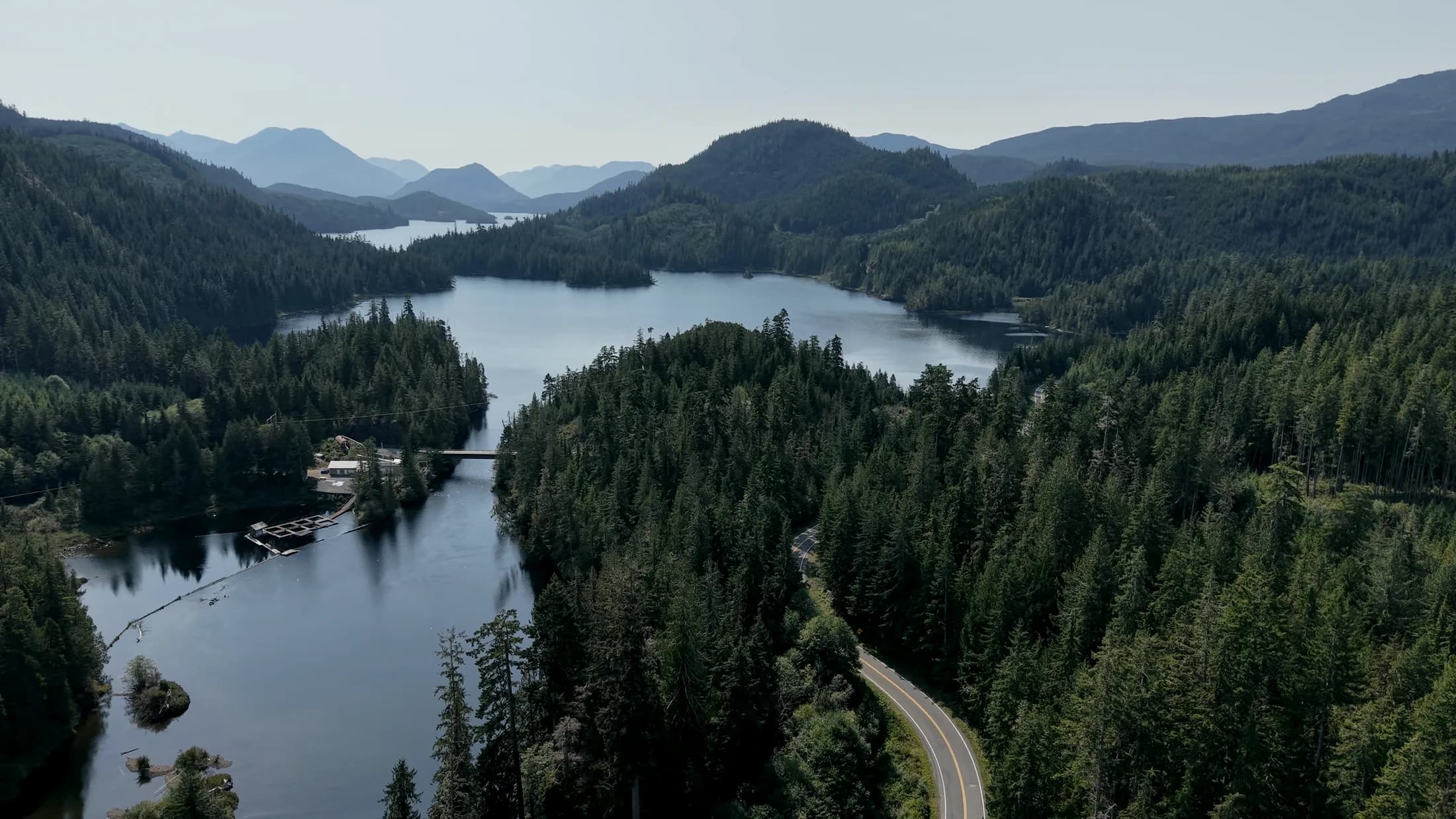 An aerial view of forest, water and a winding road